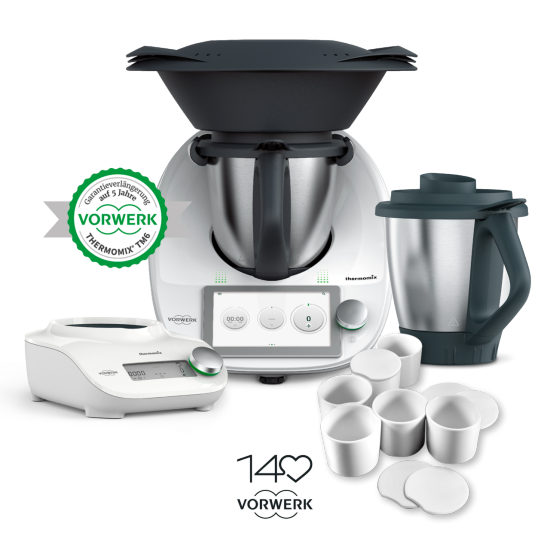 Thermomix® TM6 mit Garantieverlängerung + Weiße Varoma Förmchen mit Deckel + Thermomix Friend® mit Mixtopf