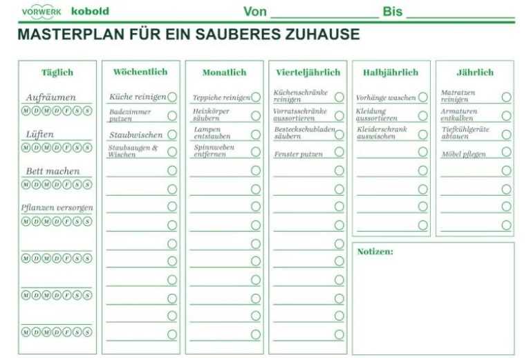 Putzplan Haushalt Mit Kindern Zum Ausdrucken Putzplan Vorlage zum Ausdrucken (Wochenplan & Jahresplan) - Vorwerk Kobold