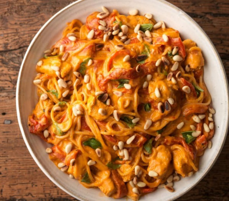 Chicken  basil and roasted red pepper spagetti   Favourite cookidoo recipe