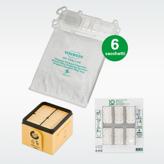Confezione Set Farfalla per VK135/6 (6 Super-Filtrello per VK135/6, blister da 6 Dovina, Microfiltro igienico per VK135/6) Confezione Set Farfalla per VK135/6 (6 Super-Filtrello per VK135/6, blister da 6 Dovina, Microfiltro igienico per VK135/6)